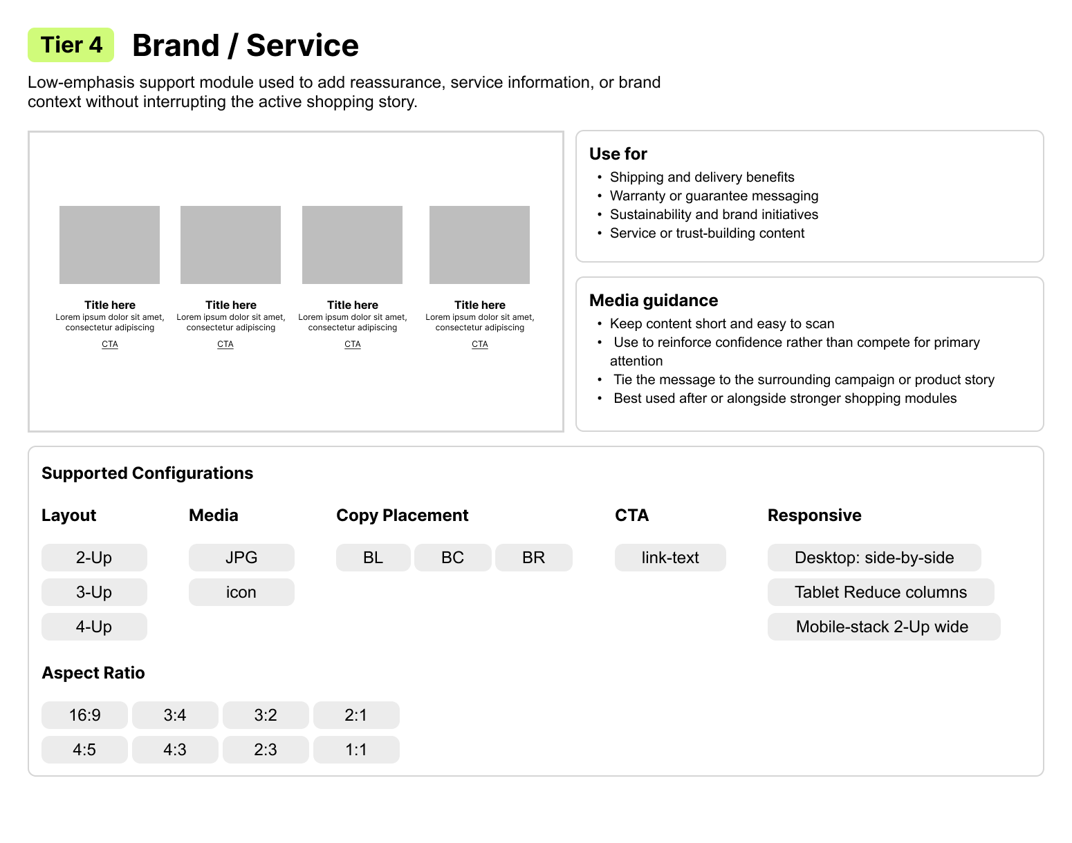 Tier 4 brand and service module usage and configuration guidance