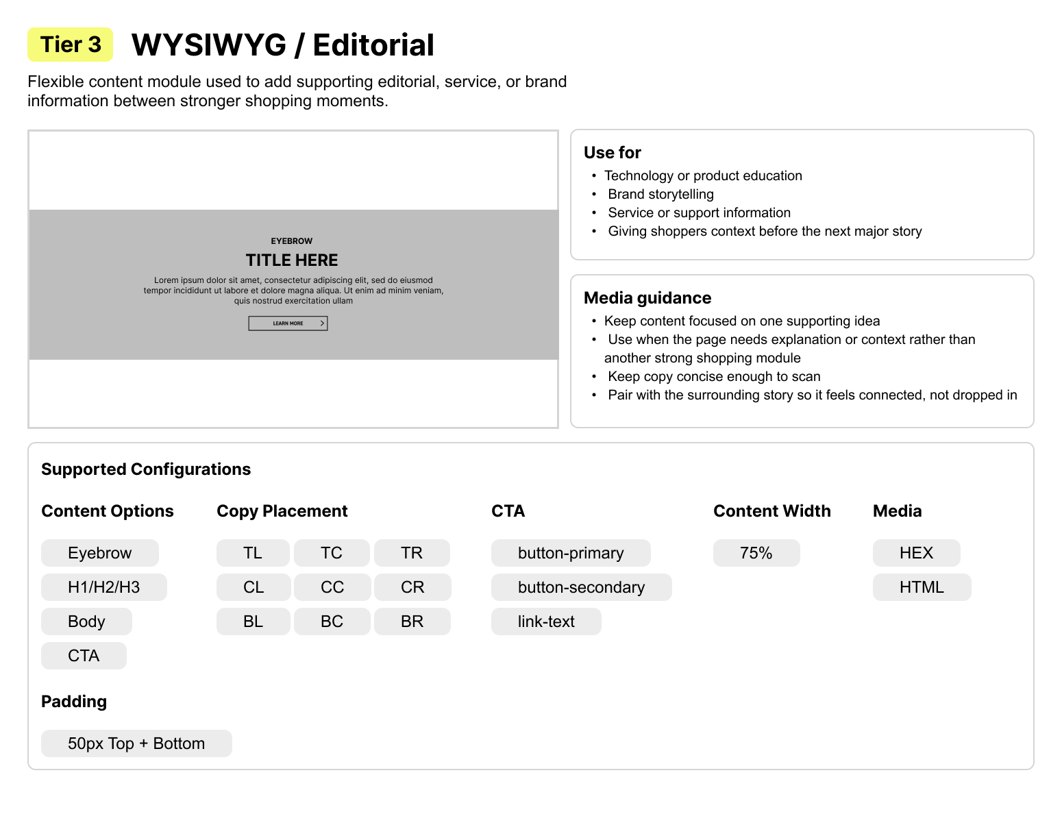 Tier 3 editorial module usage and configuration guidance