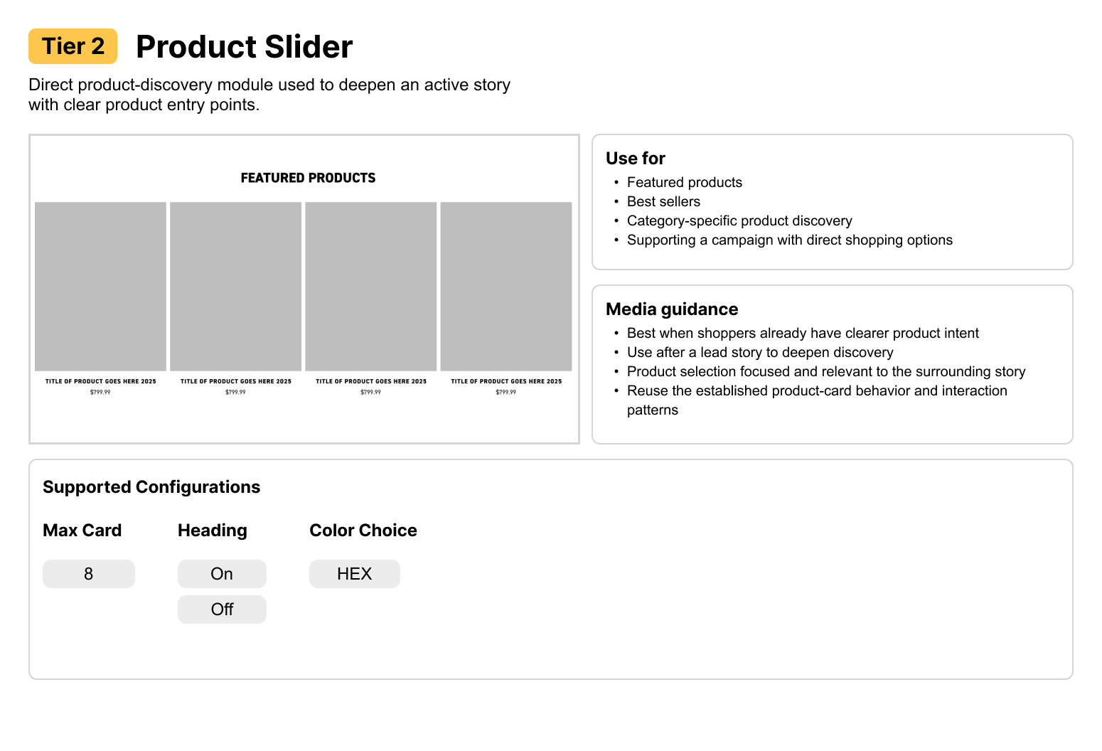 Tier 2 product slider usage and configuration guidance