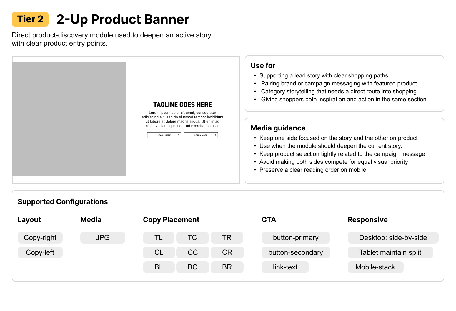 Tier 2 two-up product banner usage and configuration guidance