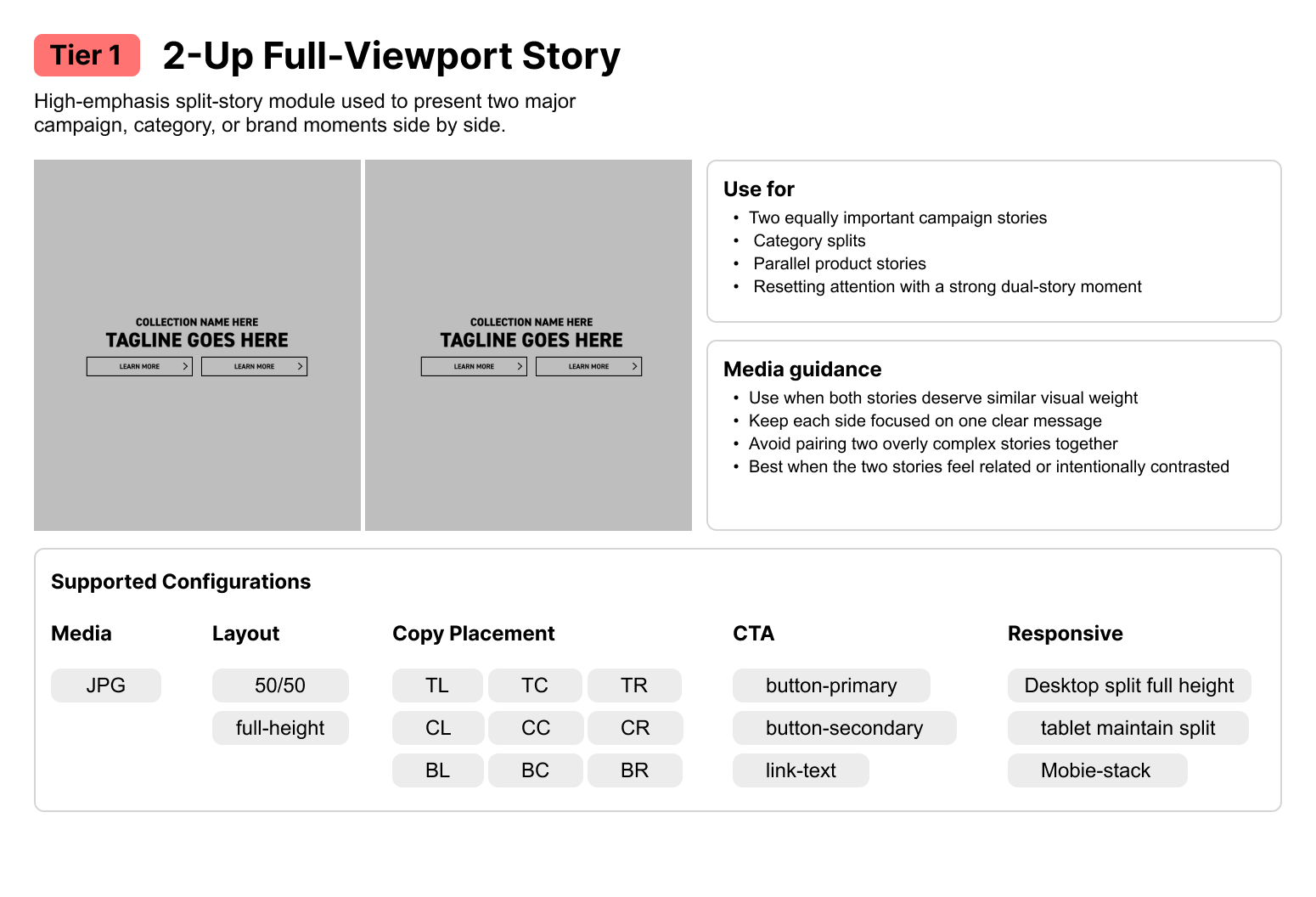 Tier 1 two-up full-viewport story module usage and configuration guidance