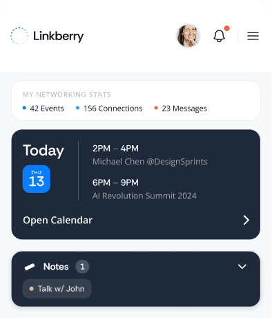 Linkberry launch pad showing upcoming events, networking activity, and notes