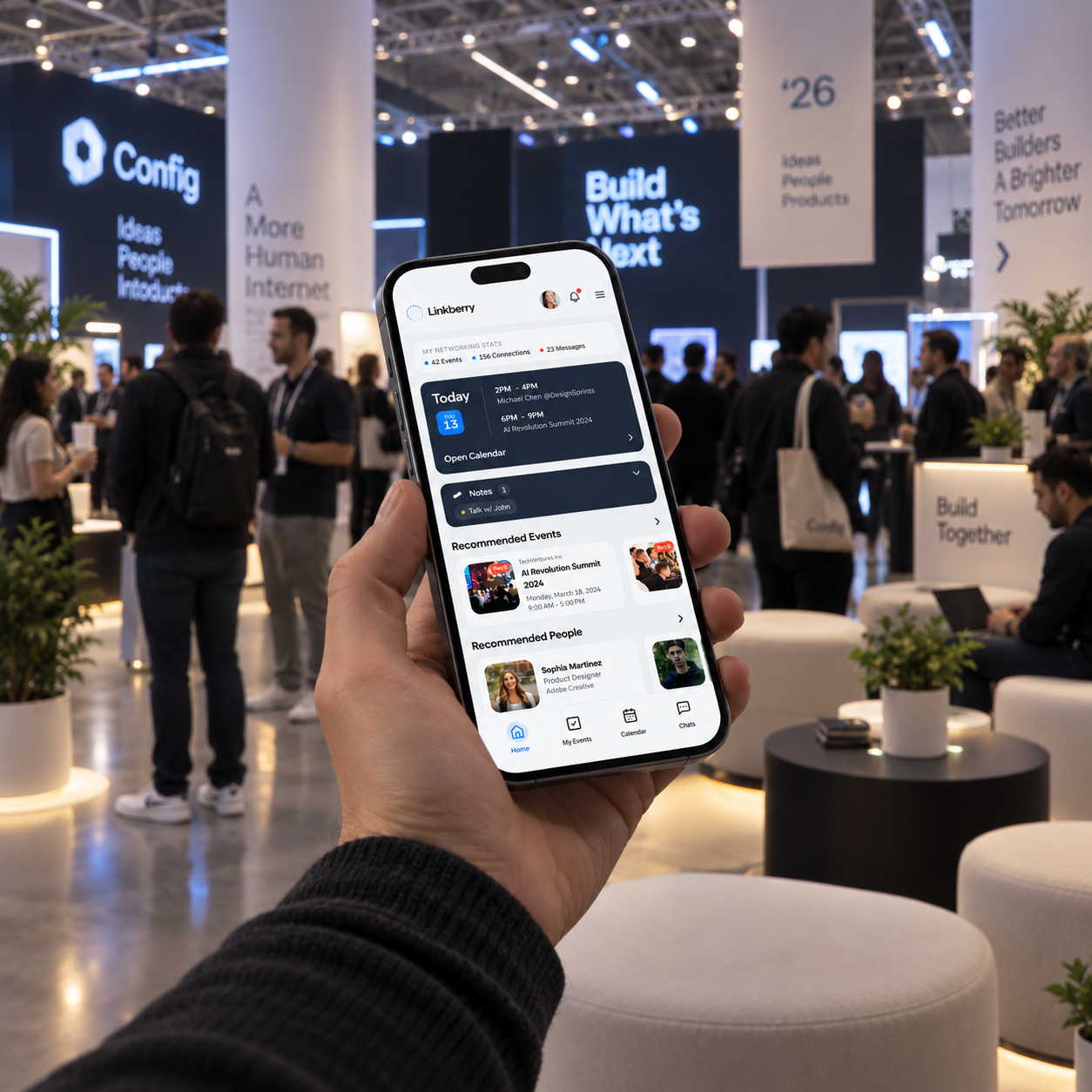 Hand holding an iPhone displaying the Linkberry event dashboard at a busy conference