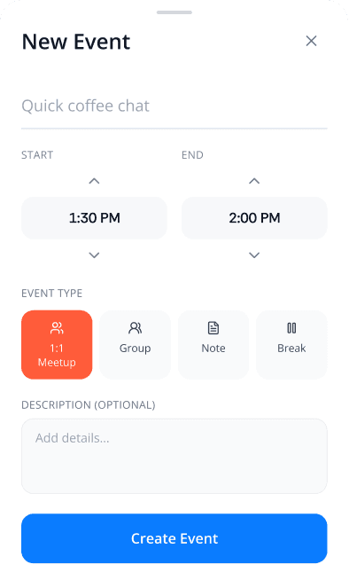 Linkberry new event form for adding a meetup, group, note, or break