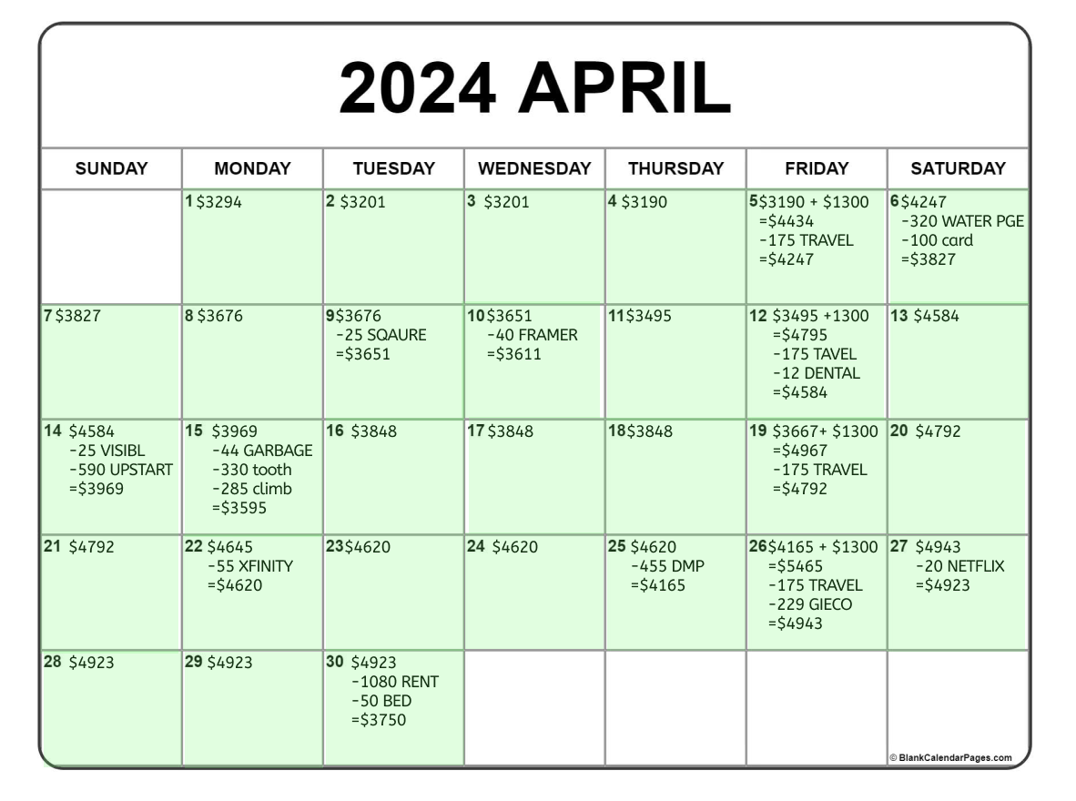 April 2024 manual budgeting calendar with running balances, income, and expenses entered by day