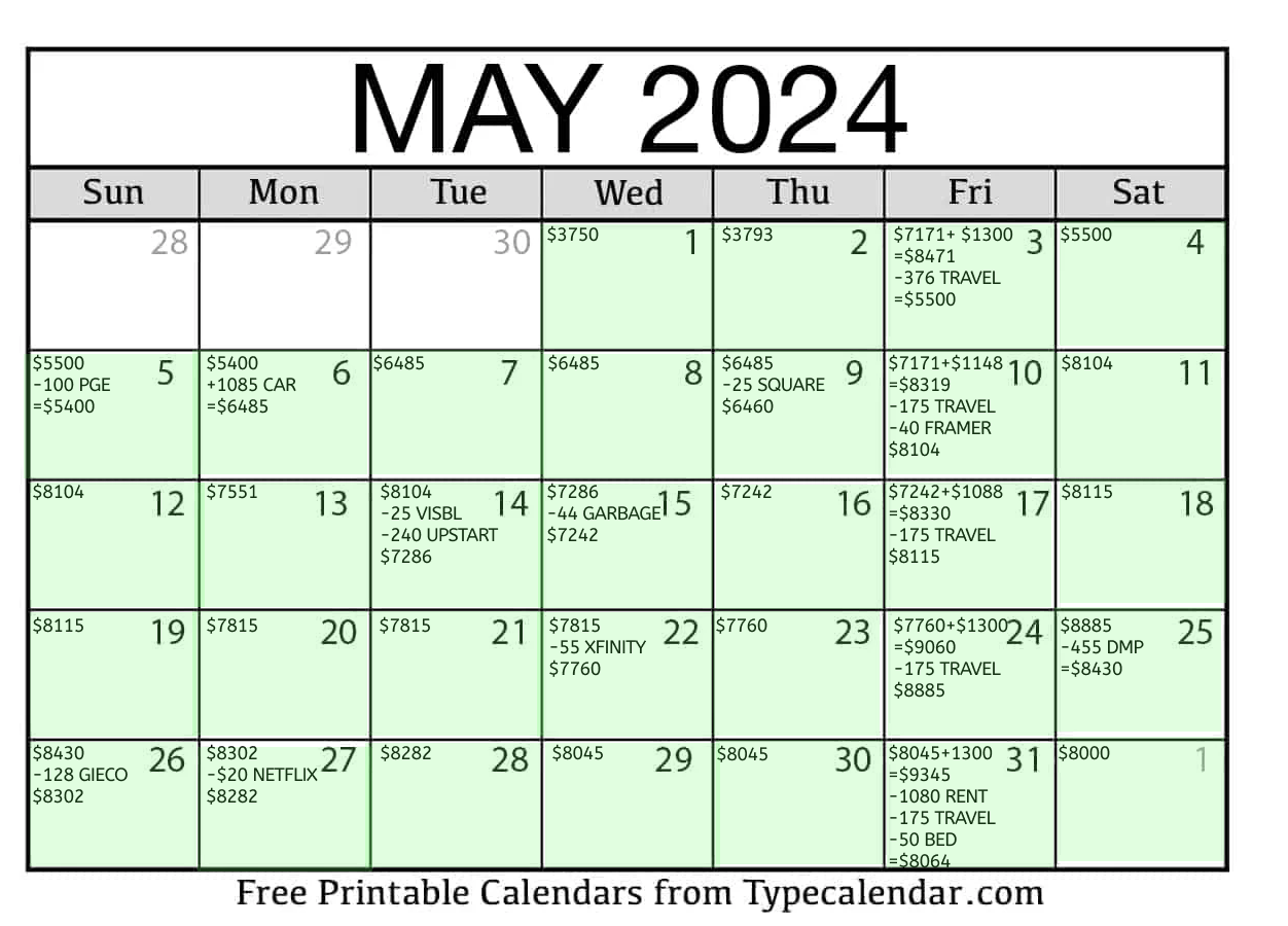 May 2024 manual budgeting calendar with running balances, income, and expenses entered by day