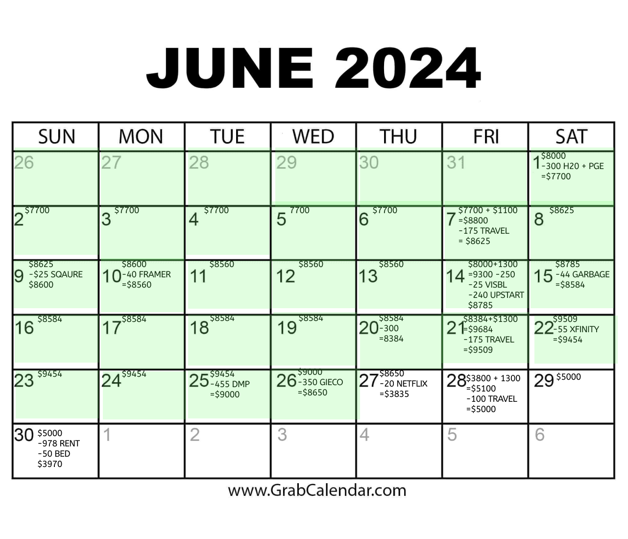 June 2024 manual budgeting calendar with running balances, income, and expenses entered by day