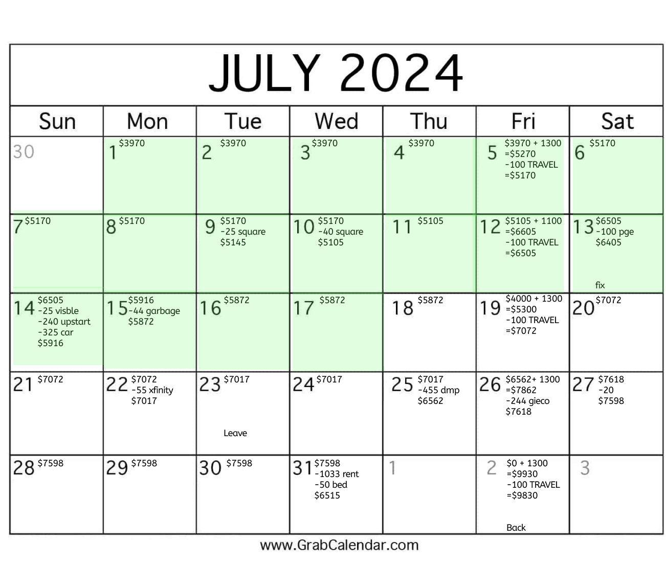 July 2024 manual budgeting calendar with running balances, income, and expenses entered by day