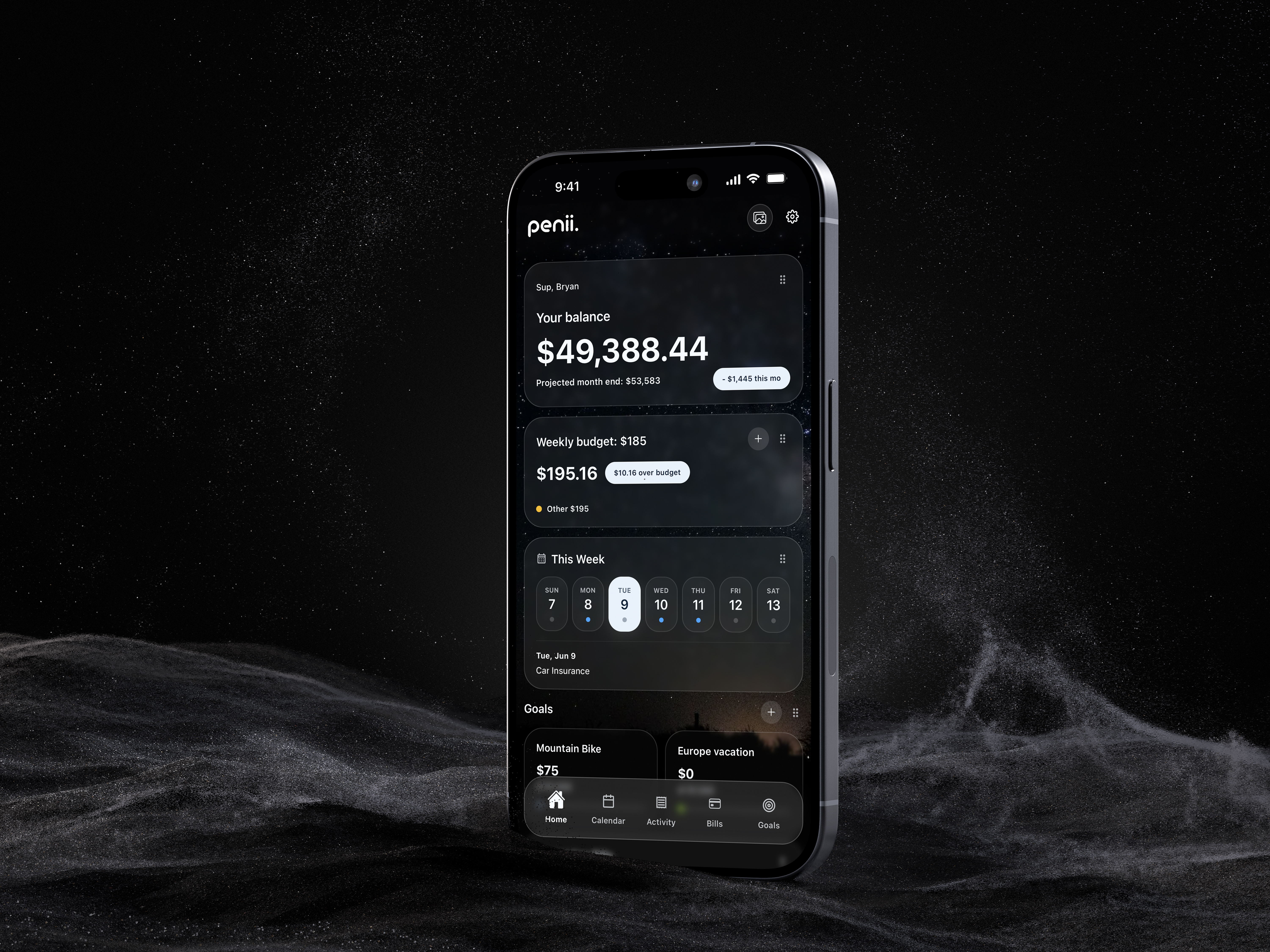 iPhone displaying the Penii dashboard against a dark atmospheric landscape